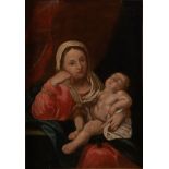 Maestro del XVII secolo. "Madonna con bambino". Olio su tela. Cm 76,5x55.