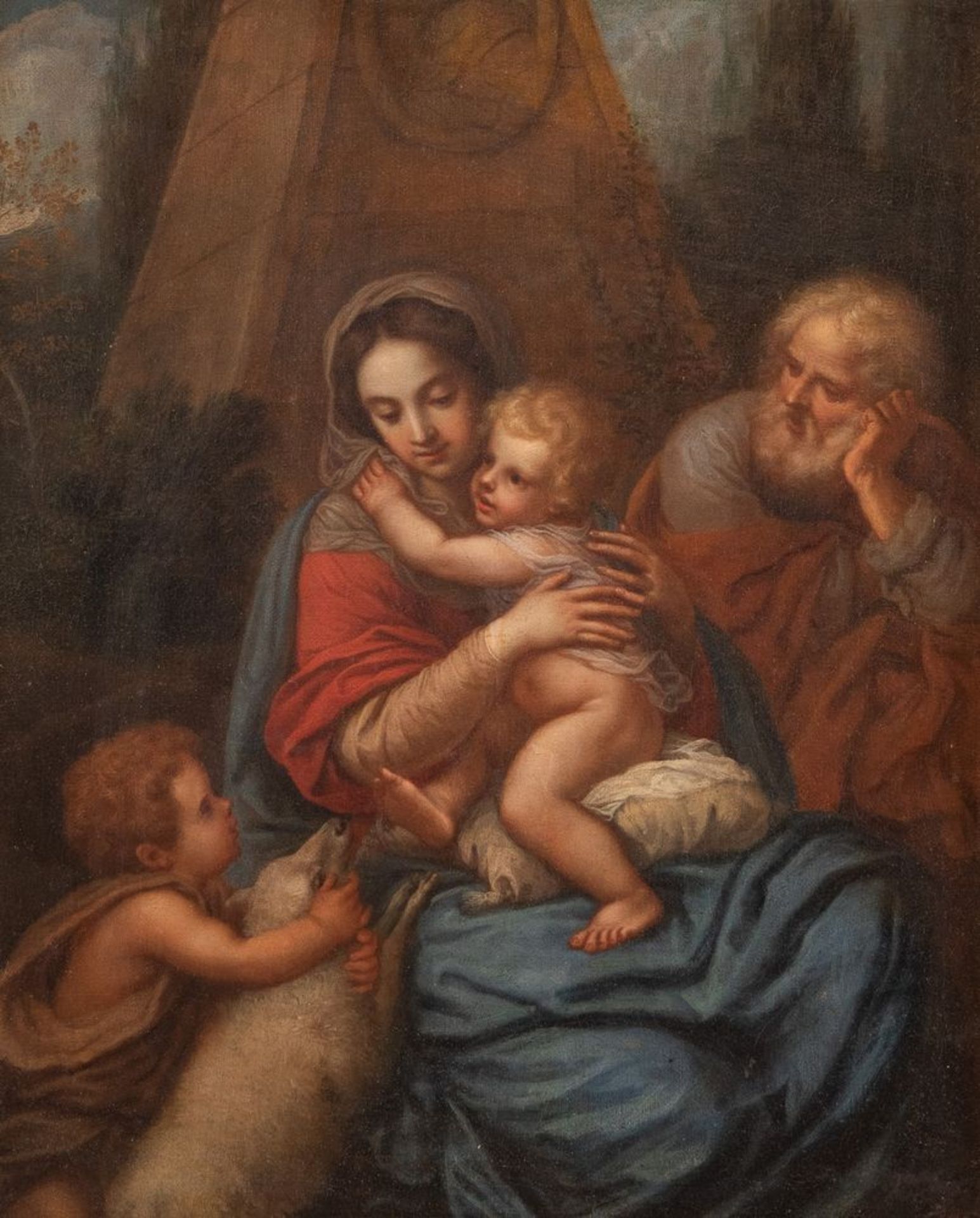 Maestro francese della fine del XVII secolo. "Sacra famiglia". Olio su tela. Cm 47x38.