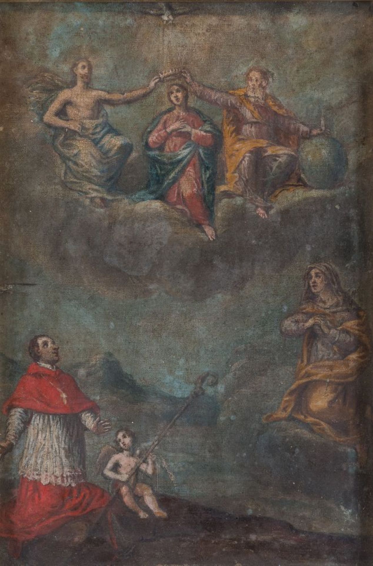 Maestro del XVIII secolo. â€œMadonna in gloria con santo e angeliâ€. Olio su tela. Cm 35x25. (