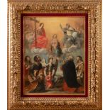 Maestro emiliano del XVII secolo. "Madonna in gloria con bambino e santi". Olio su tela. Cm 70x55.