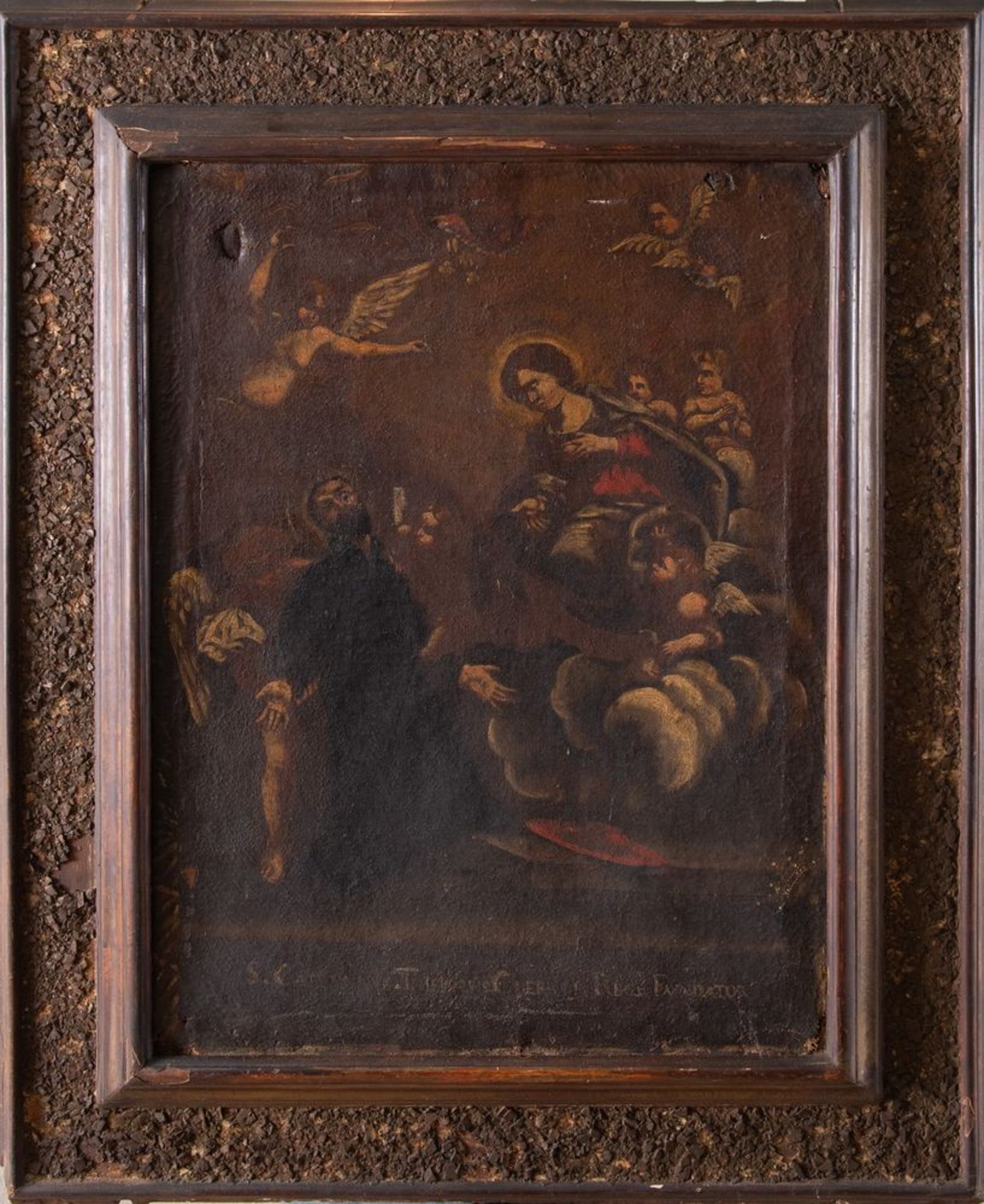 Maestro del XVII secolo. "Madonna in gloria con santo". Olio su tela. Cm 59x45. (difetti) - Bild 3 aus 3