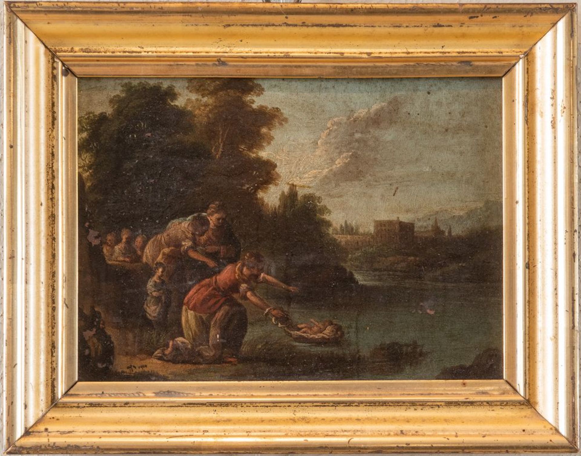 Maestro del XVIII secolo. â€œMosÃ¨ salvato dalle acqueâ€. Olio su rame. Cm 16x22,3. - Bild 3 aus 3