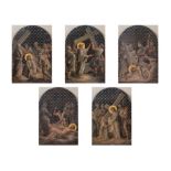 Lotto composto da cinque oli su metallo raffiguranti cinque tappe della Via Crucis. Cadauno di Cm