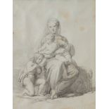 Maestro del XIX secolo. "Madonna con bambino e san Giovannino". Disegno a matita su carta.