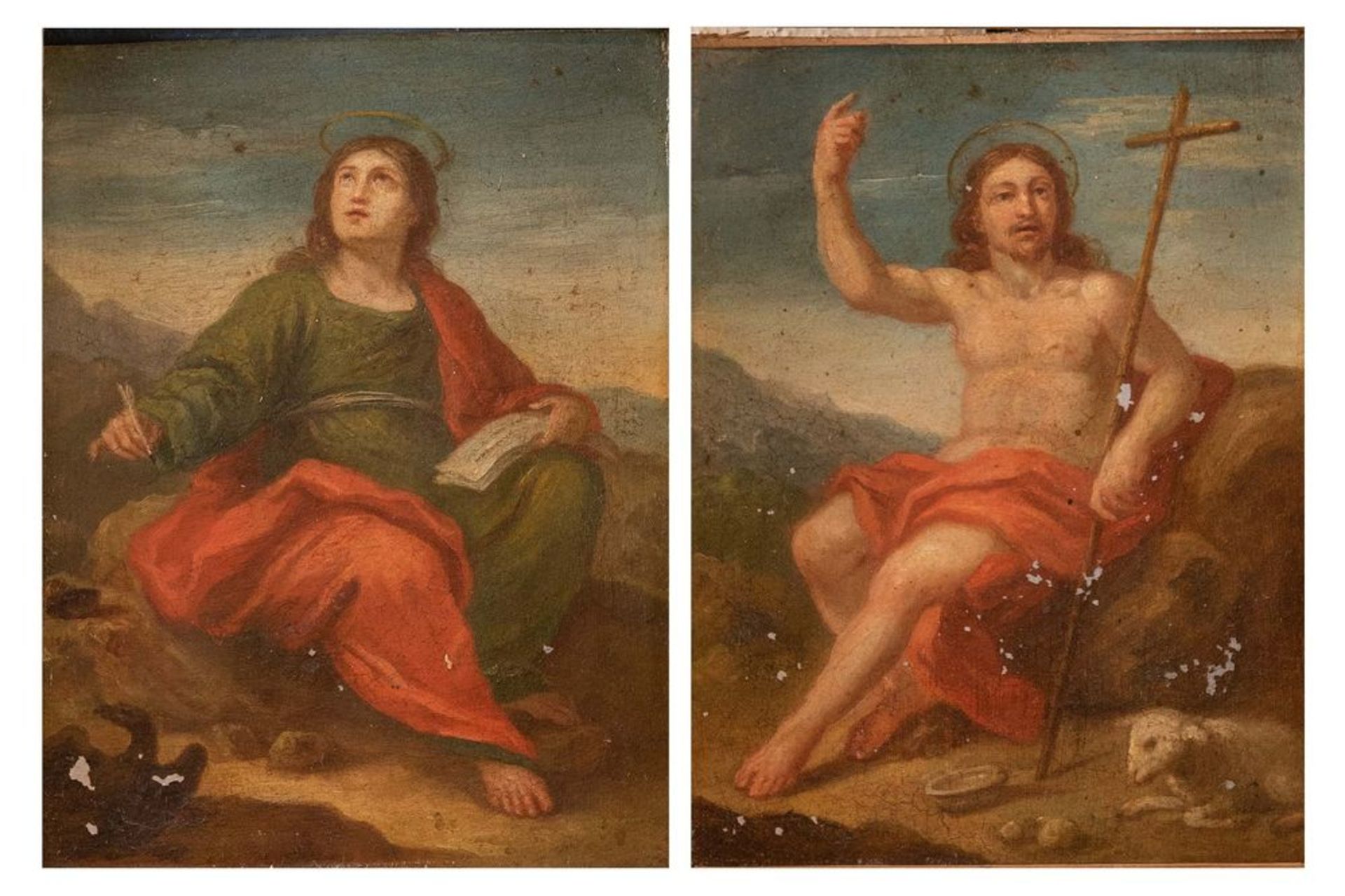 Maestro del XVIII secolo. â€œSan Giovanniâ€ e "San Giovanni Battista". Coppia di olio su metallo.