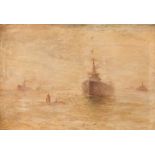 Pittore inglese della fine del XIX secolo - inizi del XX secolo. "Marina con navi da guerra e sottom