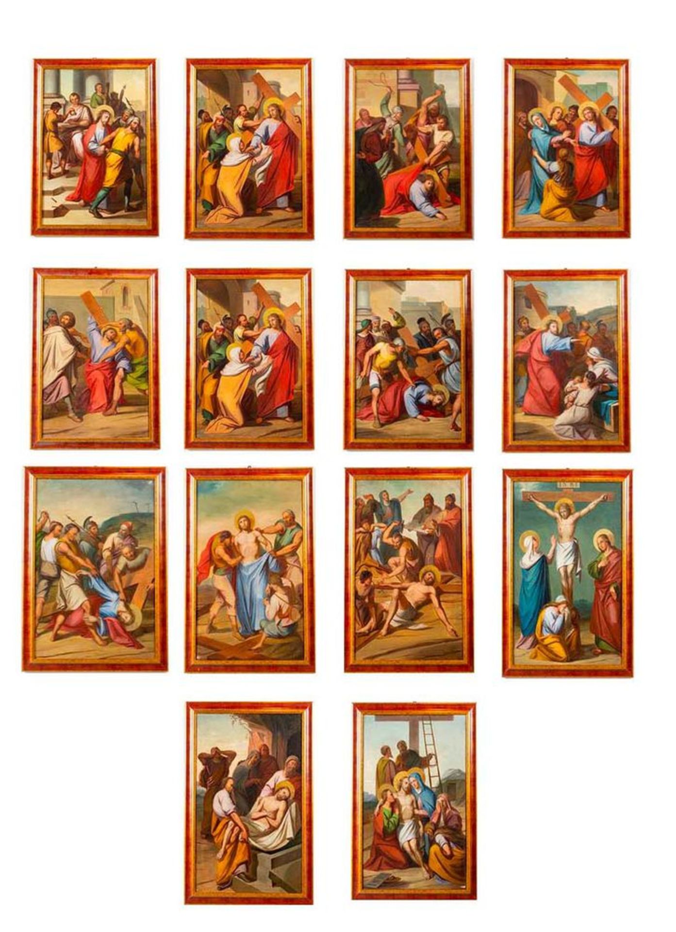 Maestro del XIX secolo. "Via Crucis". Lotto composto da quattordici oli su tela. Cm 97x65.