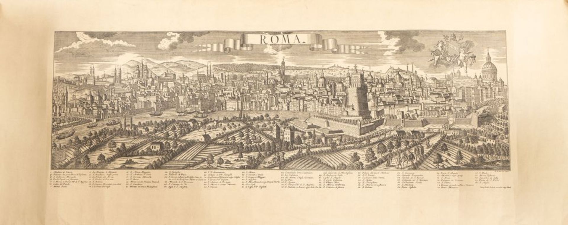 Georg Balthasar Probst (Germania, 1673 - 1748). Veduta panoramica della cittÃƒ di Roma. Cm 50x125. I
