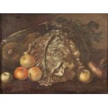 Maestro del XVII secolo "Natura morta con ortaggi e frutta". Olio su tela. Cm 48x64. (restauri)