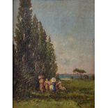 GIULIANO AMADORI (Bologna 1893-1972) "Figure sul lago", 1928. Olio su tavola. Cm 72,5x55,5. Opera fi