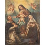 Meastro del XVII secolo. "Madonna del Rosario con santi". Olio su tela. Cm 70x57.