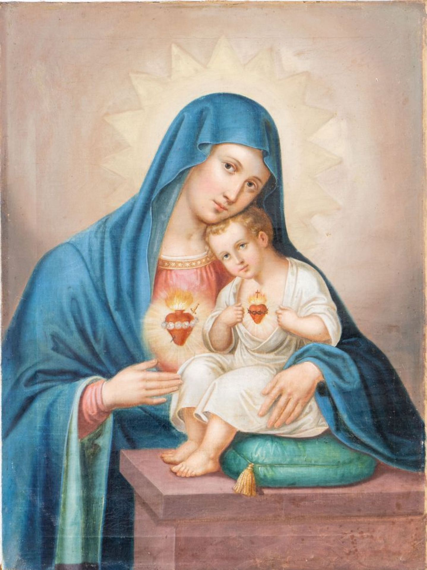 Maestro del XIX secolo. "Madonna con bambino del Sacro Cuore". Olio su tela. Cm 74x49.