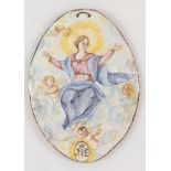 MANIFATTURA FERNIANI FAENZA Targa devozionale ovale policroma, raffigurante Maria Assunta fra angeli
