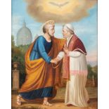 Maestro del XIX secolo. "Incontro tra San Pietro e Pio IX". Olio su tela. Cm 63x52.
