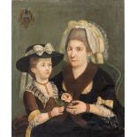 Maestro della fine del XVII secolo. "Ritratto con donna e bambina con stemma familiare". Olio su tel