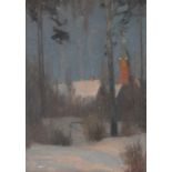 Winter landscape with a church tower by Janis Rozentals (1866-1916)