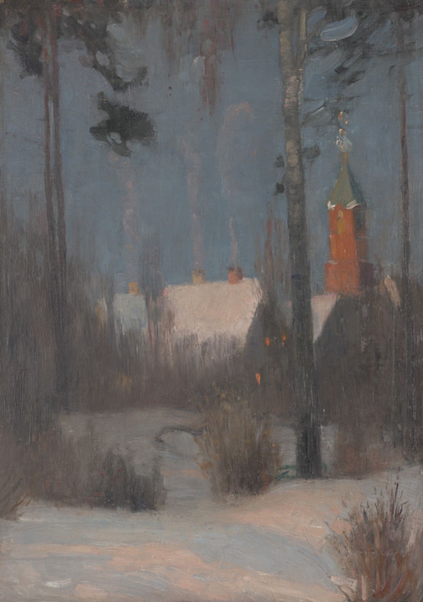 Winter landscape with a church tower by Janis Rozentals (1866-1916)