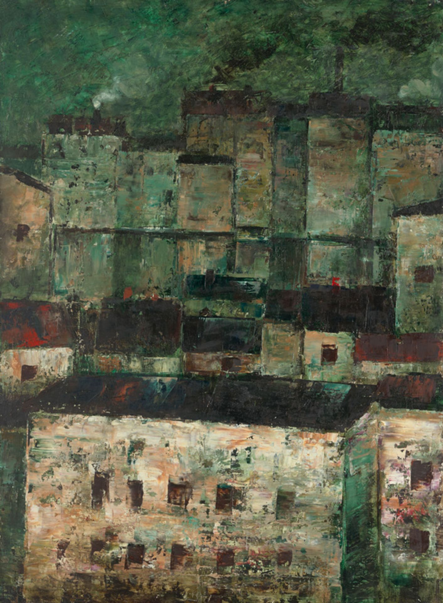 City view with green sky by Voldemars Jankalnins (1914-1990)