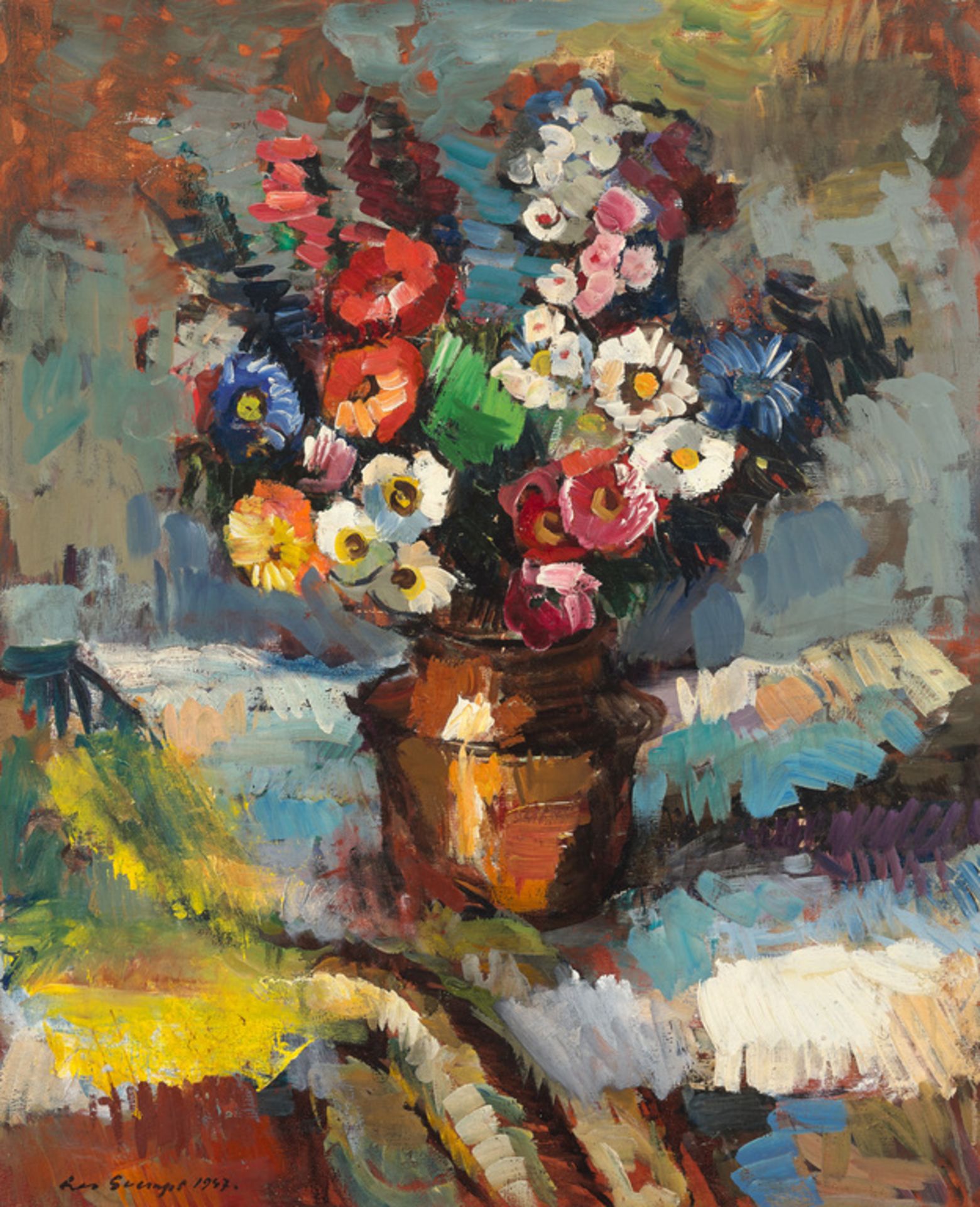 Flowers in a copper jar by Leo Svemps (1897-1975)