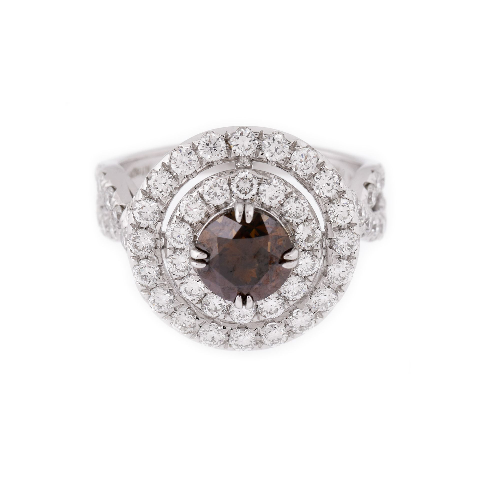 White gold ring, centrally decorated with deep orange brown diamond, surrounded by two rows of brill