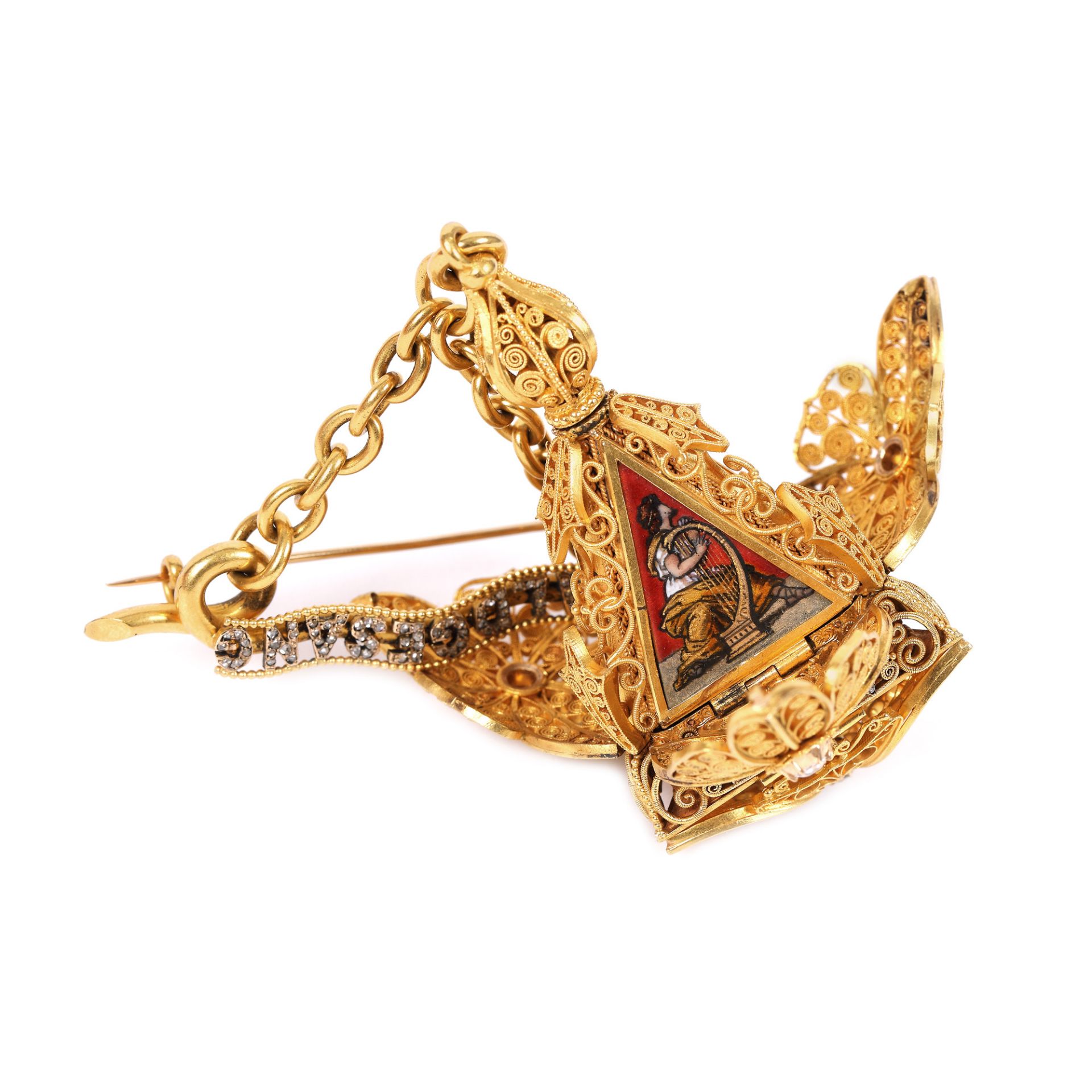 A very rare clock with chain, in the form of a flower made of filigreed gold, adorned with diamonds - Image 10 of 10