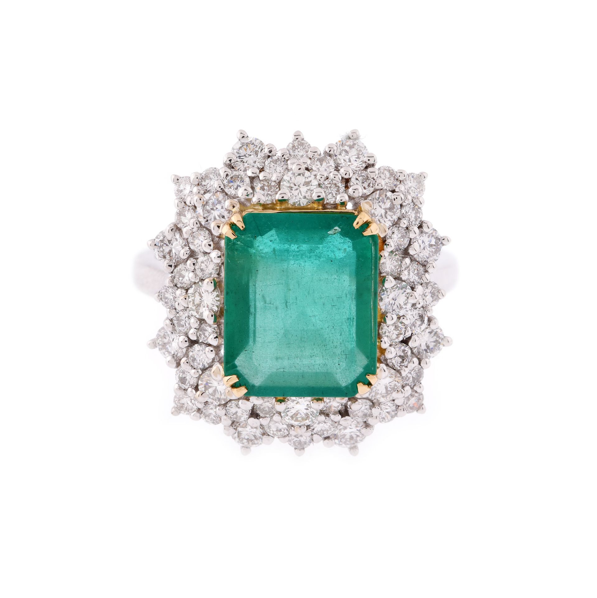 Two colour gold ring, decorated with emerald surrounded by diamonds, IGI gemmological certificate