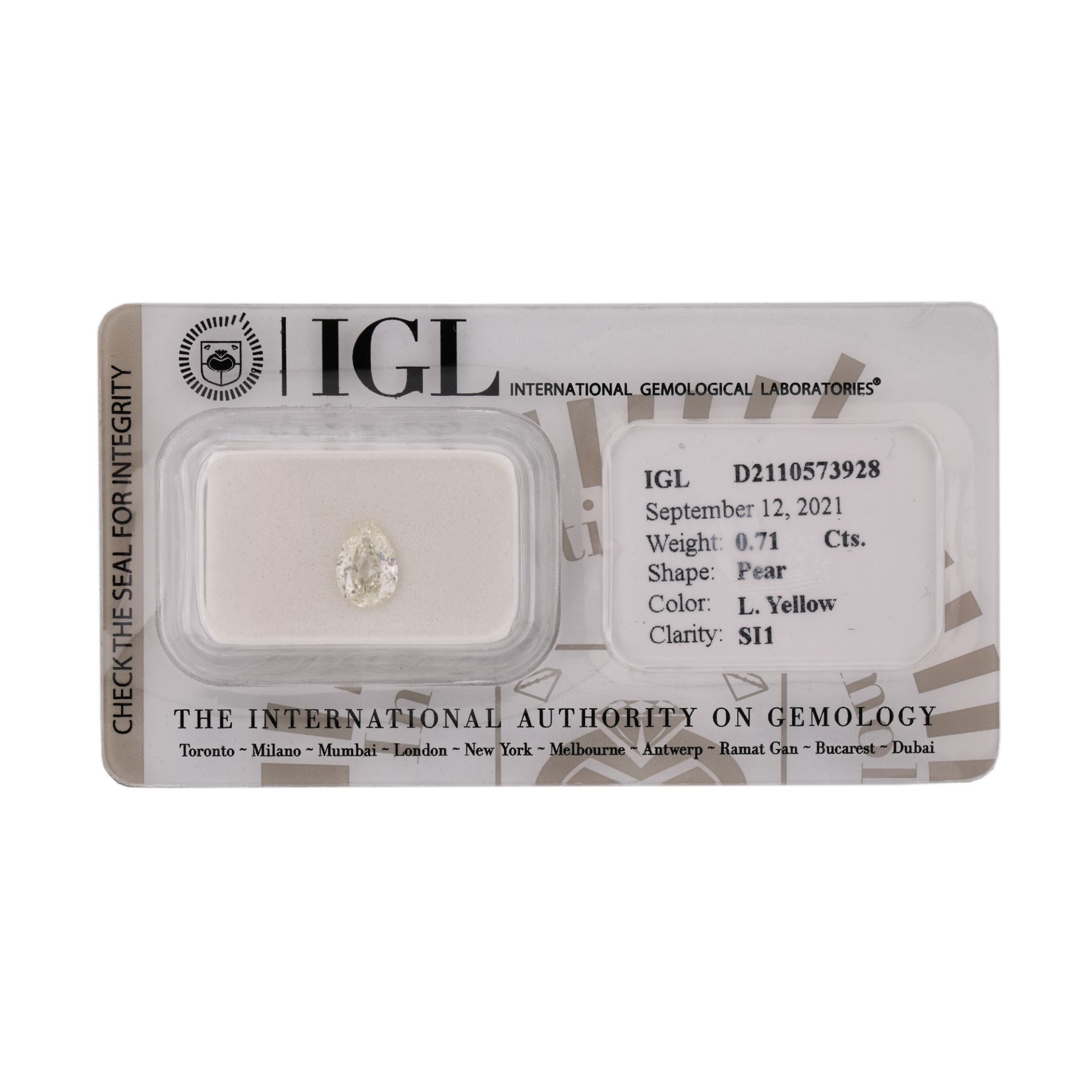 Pear faceted diamond, 0.71 ct., IGL gemmological certificate