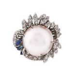 White gold ring, decorated with Mabe pearl surrounded by diamonds and sapphires