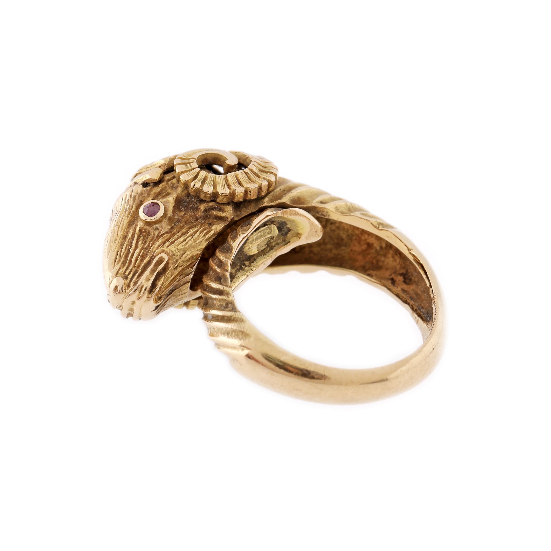 Gold ring, in the shape of a ram's head, with sapphire and ruby eyes - Image 2 of 4