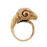 Gold ring, in the shape of a ram's head, with sapphire and ruby eyes