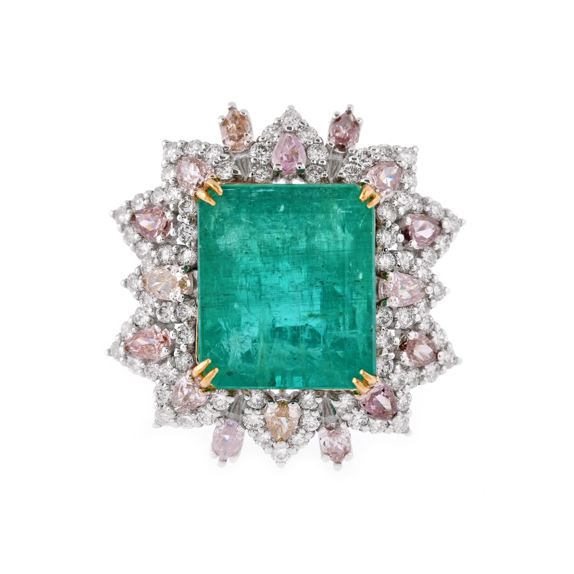 Two colour gold ring, decorated with emerald bluish green surrounded by brilliant cut diamonds, IGI 