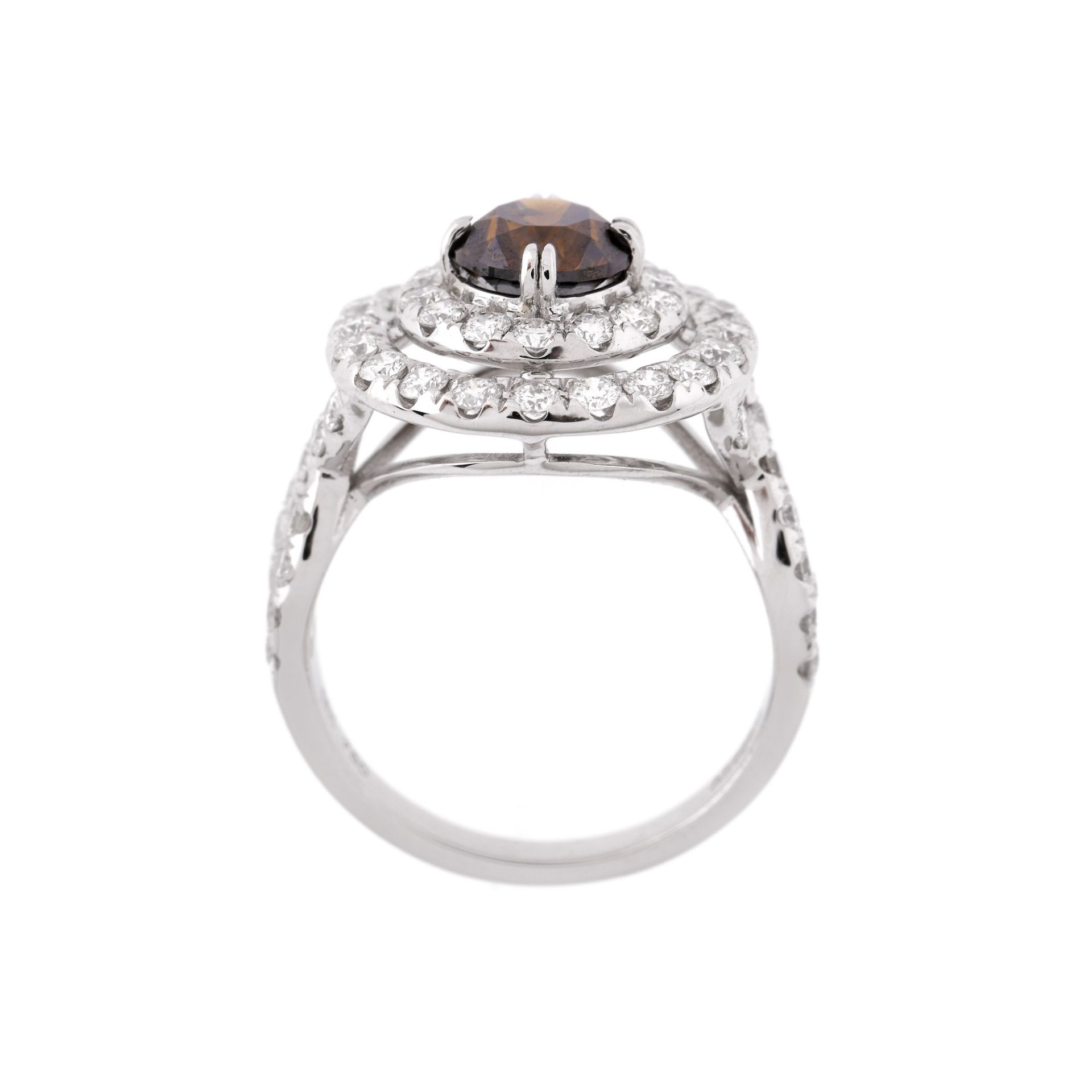 White gold ring, centrally decorated with deep orange brown diamond, surrounded by two rows of brill - Image 3 of 3