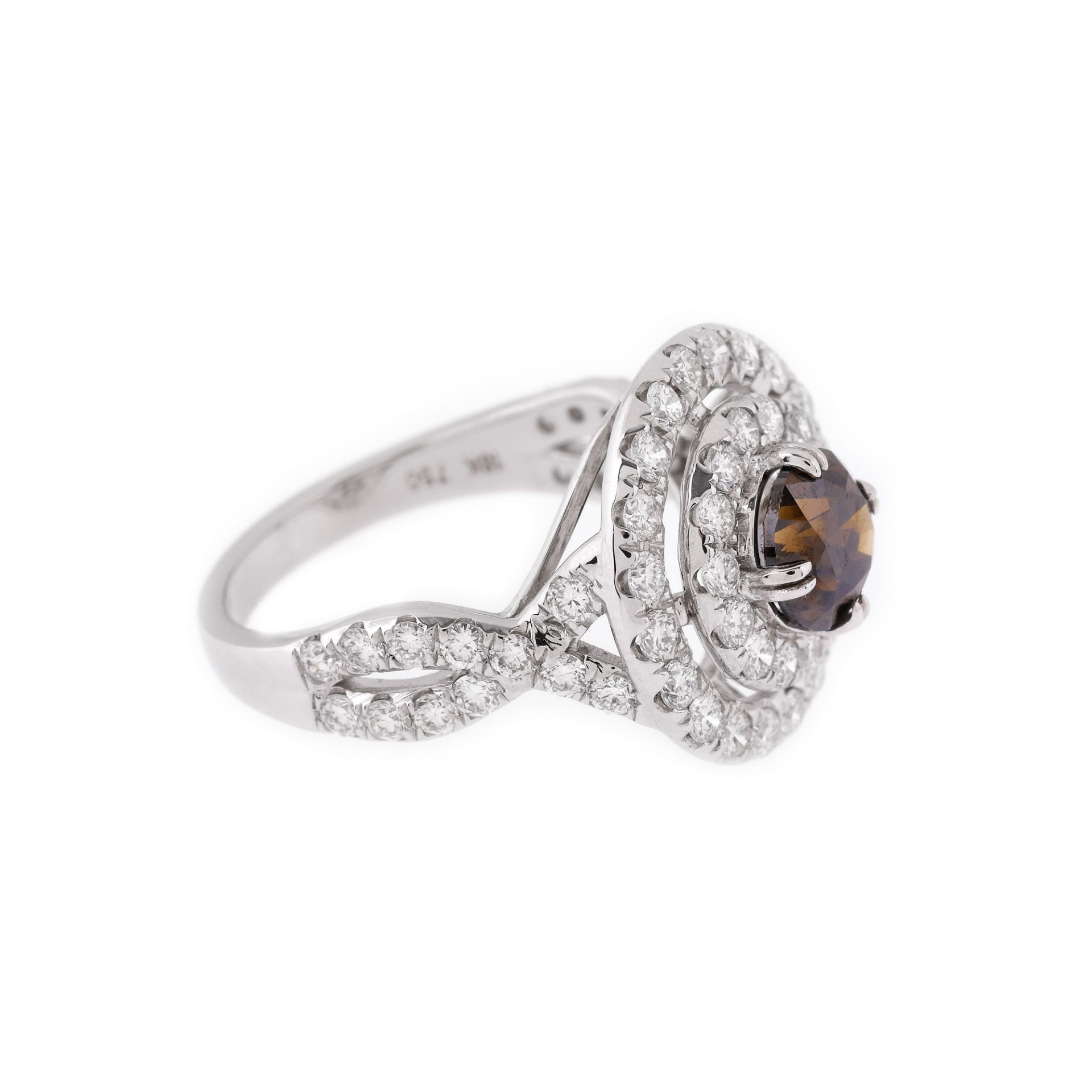 White gold ring, centrally decorated with deep orange brown diamond, surrounded by two rows of brill - Image 2 of 3