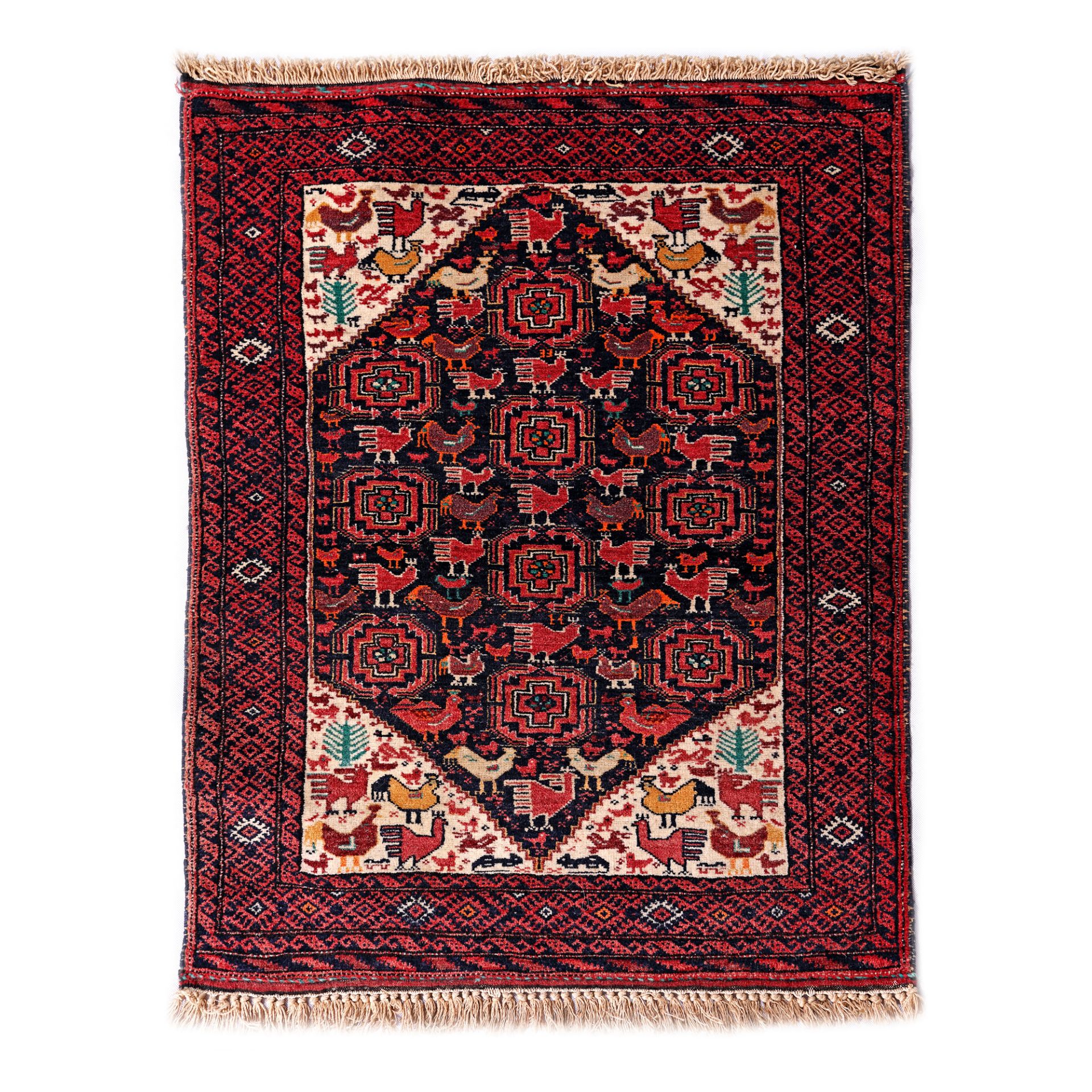 Buhara wool rug, decorated with roosters, Turkmenistan, mid-20th century