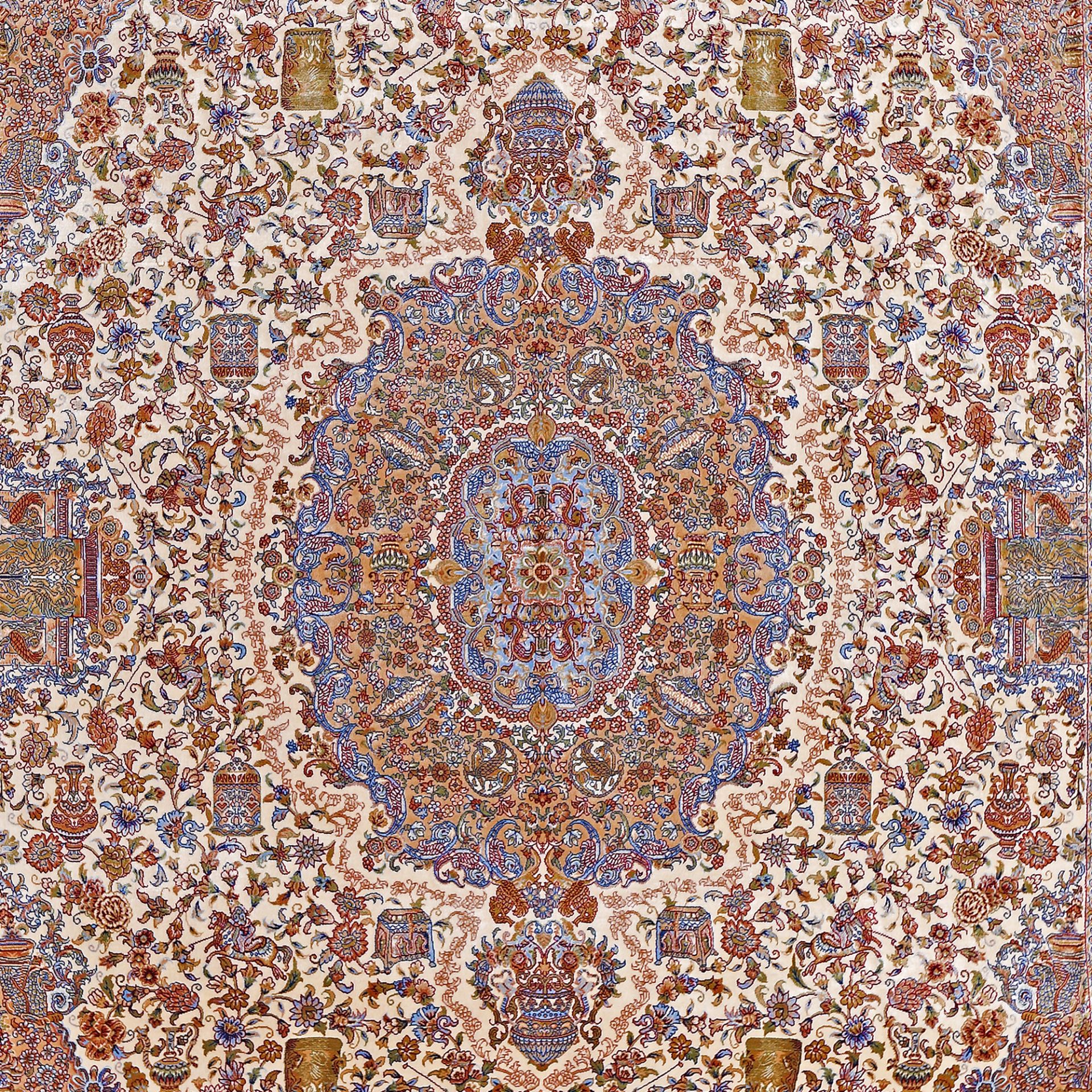 Qum (Ghom) silk rug on silk warp, decorated with capricorns and Zoroastrian motifs, Iran - Image 2 of 2