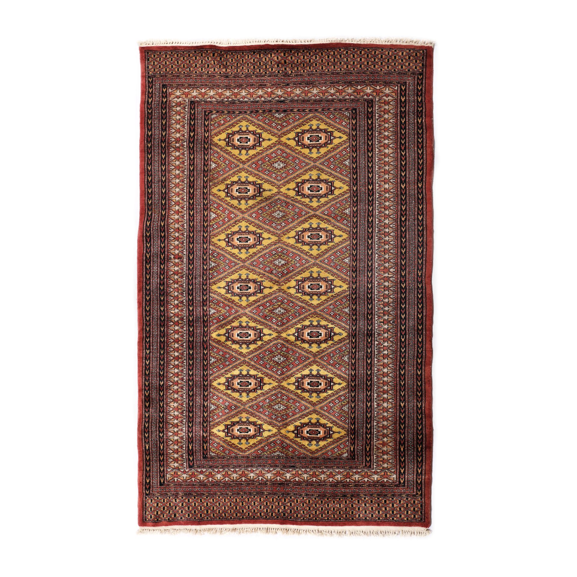 Tekke-Buhara wool and cotton rug, decorated with specific medallions, green background, Turkmenistan