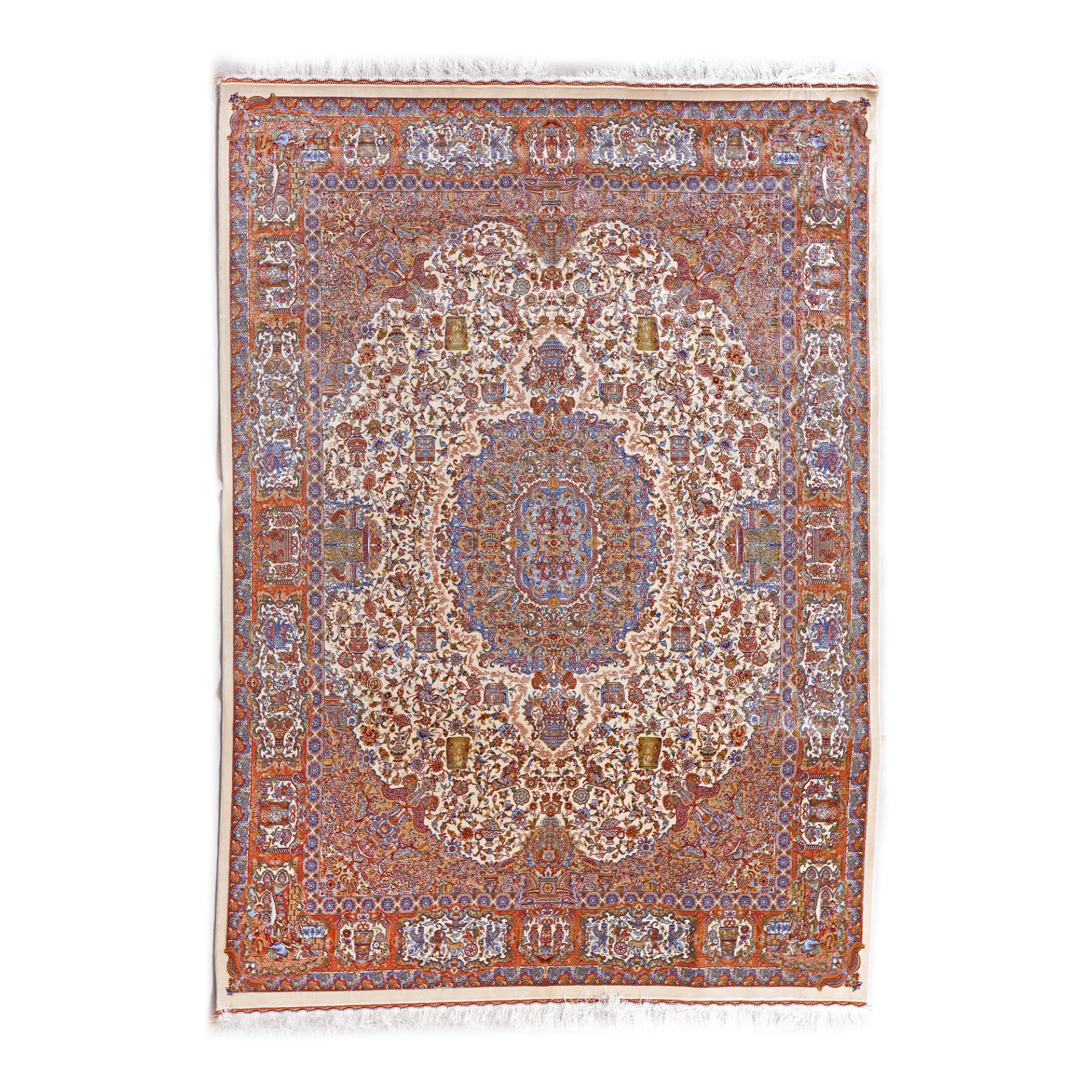 Qum (Ghom) silk rug on silk warp, decorated with capricorns and Zoroastrian motifs, Iran