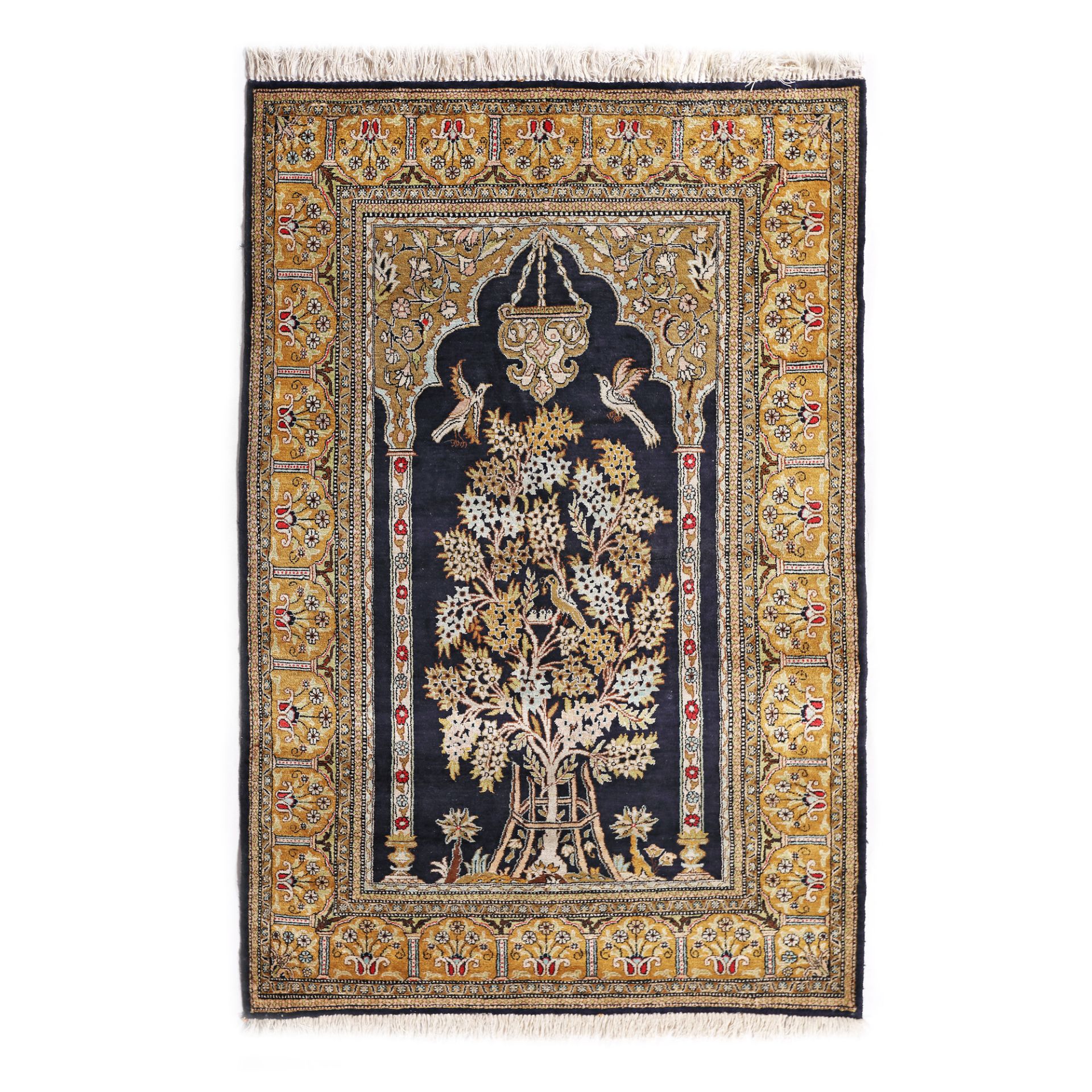 Kashmir prayer mat, silk, decorated with the tree of life motif in the mihrab, India