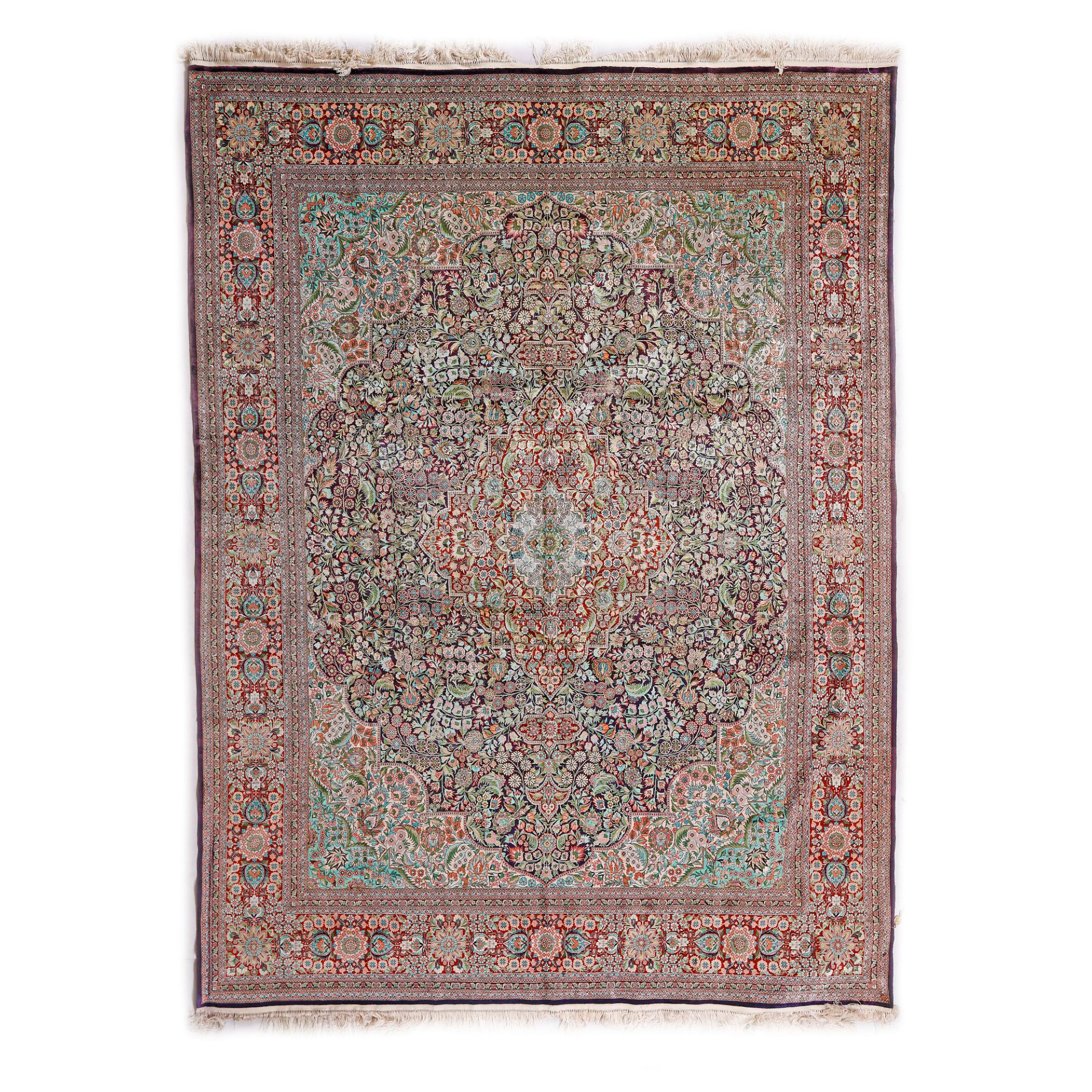 Hereke silk rug on silk warp, light green background, decorated with hundreds of flowers and palmett