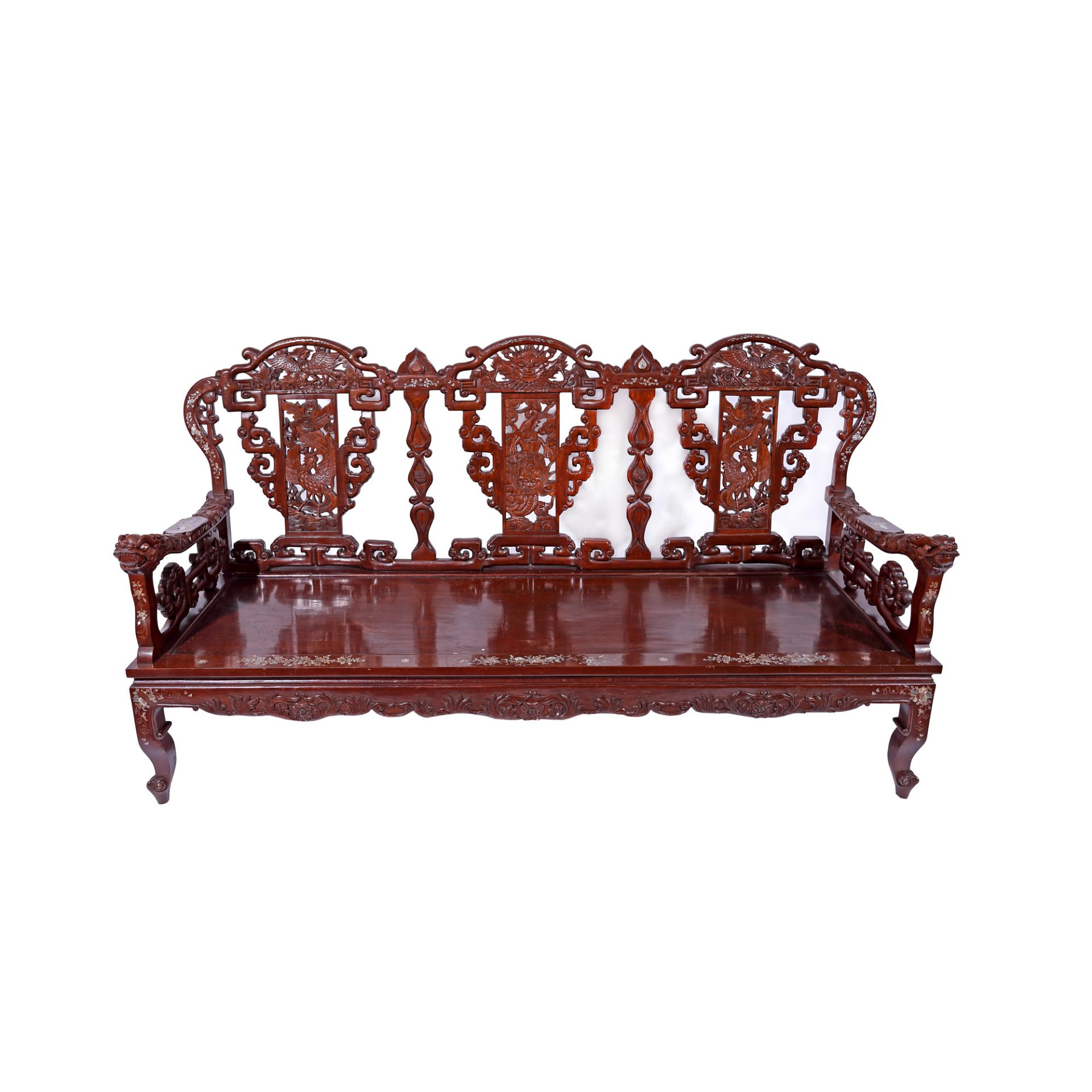 Bench and two armchairs, made of exotic wood with minute pearl inserts, the Republican period, China - Image 2 of 10