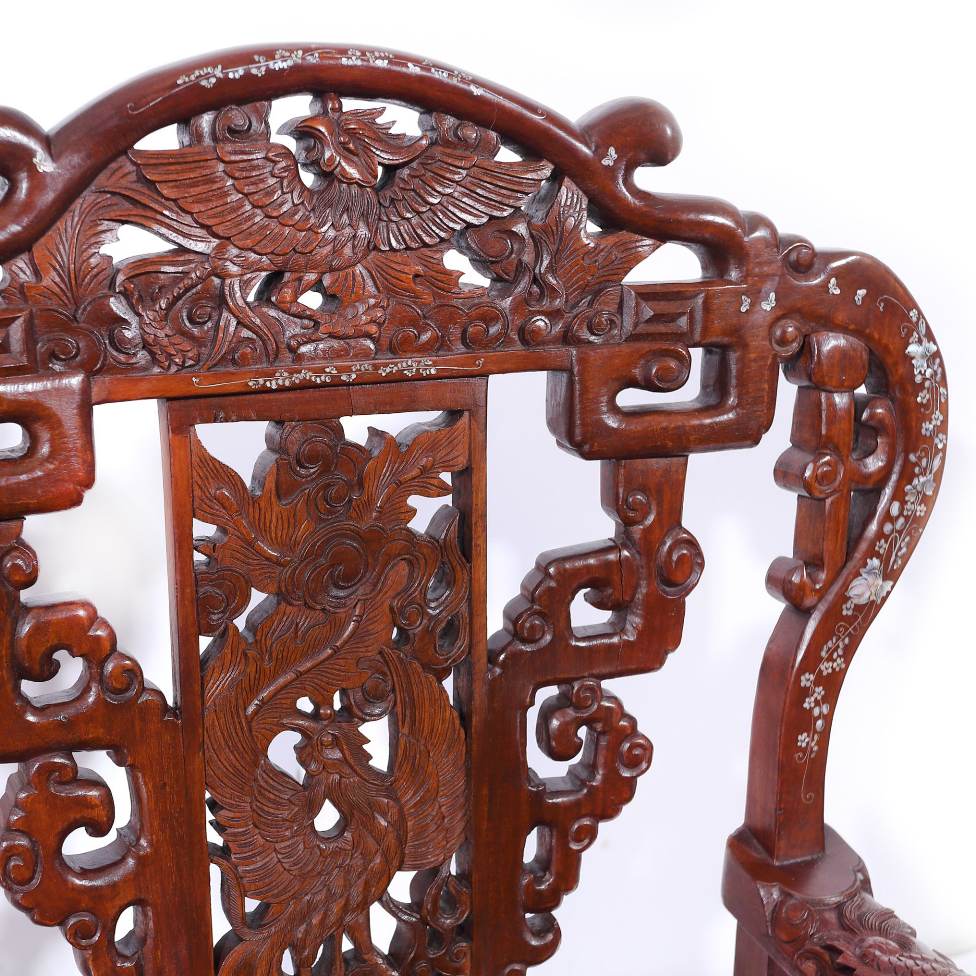 Bench and two armchairs, made of exotic wood with minute pearl inserts, the Republican period, China - Image 4 of 10