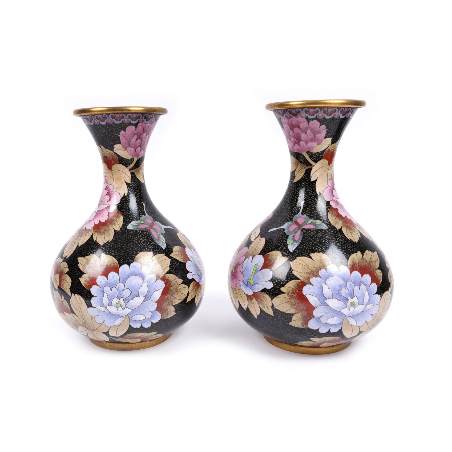 Pair of bronze vessels, decorated with chrysanthemums, using the cloisonné technique, Japan, mid-20t - Image 2 of 3