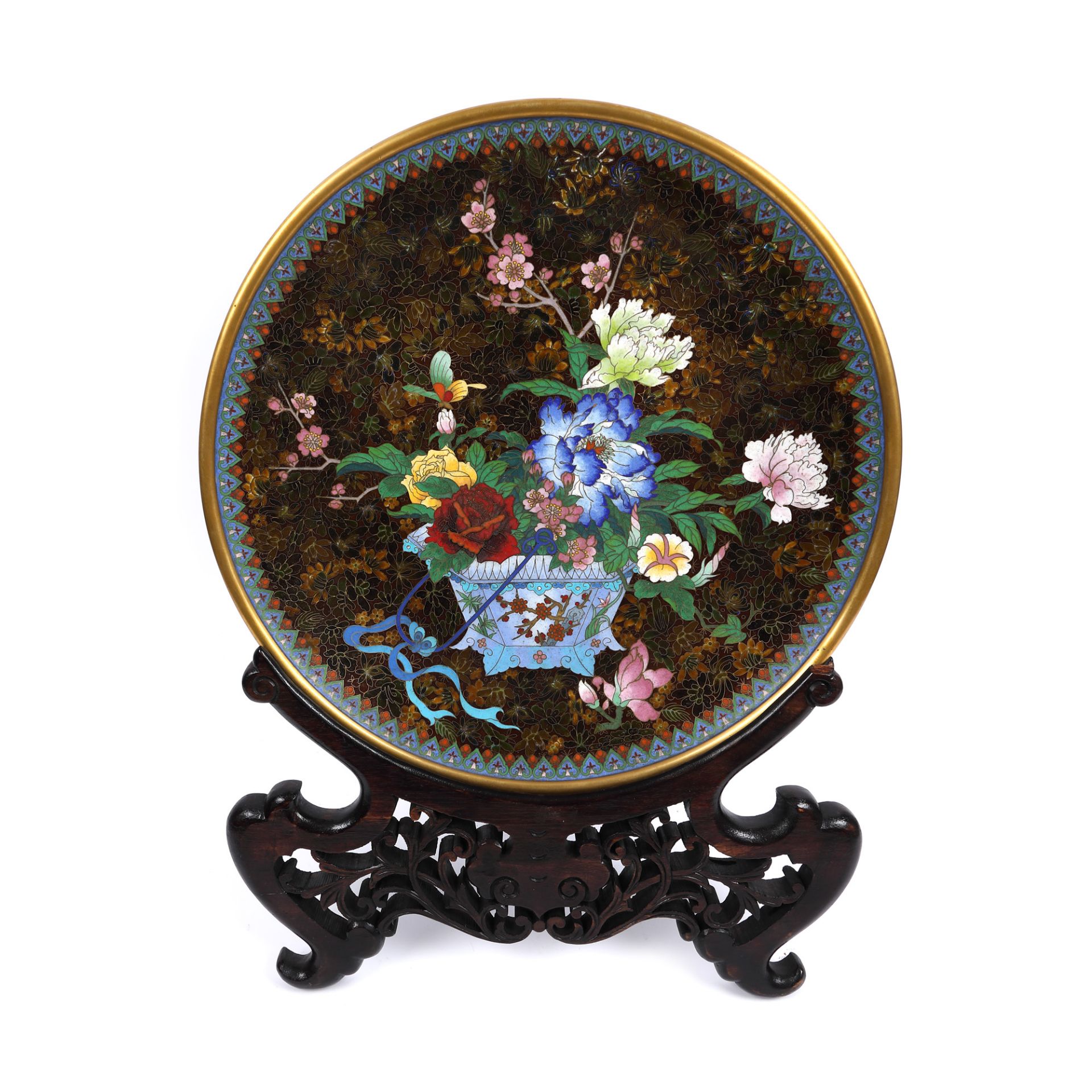 Bronze platter, decorated in the cloisonné technique, with floral motifs, China, mid-20th century