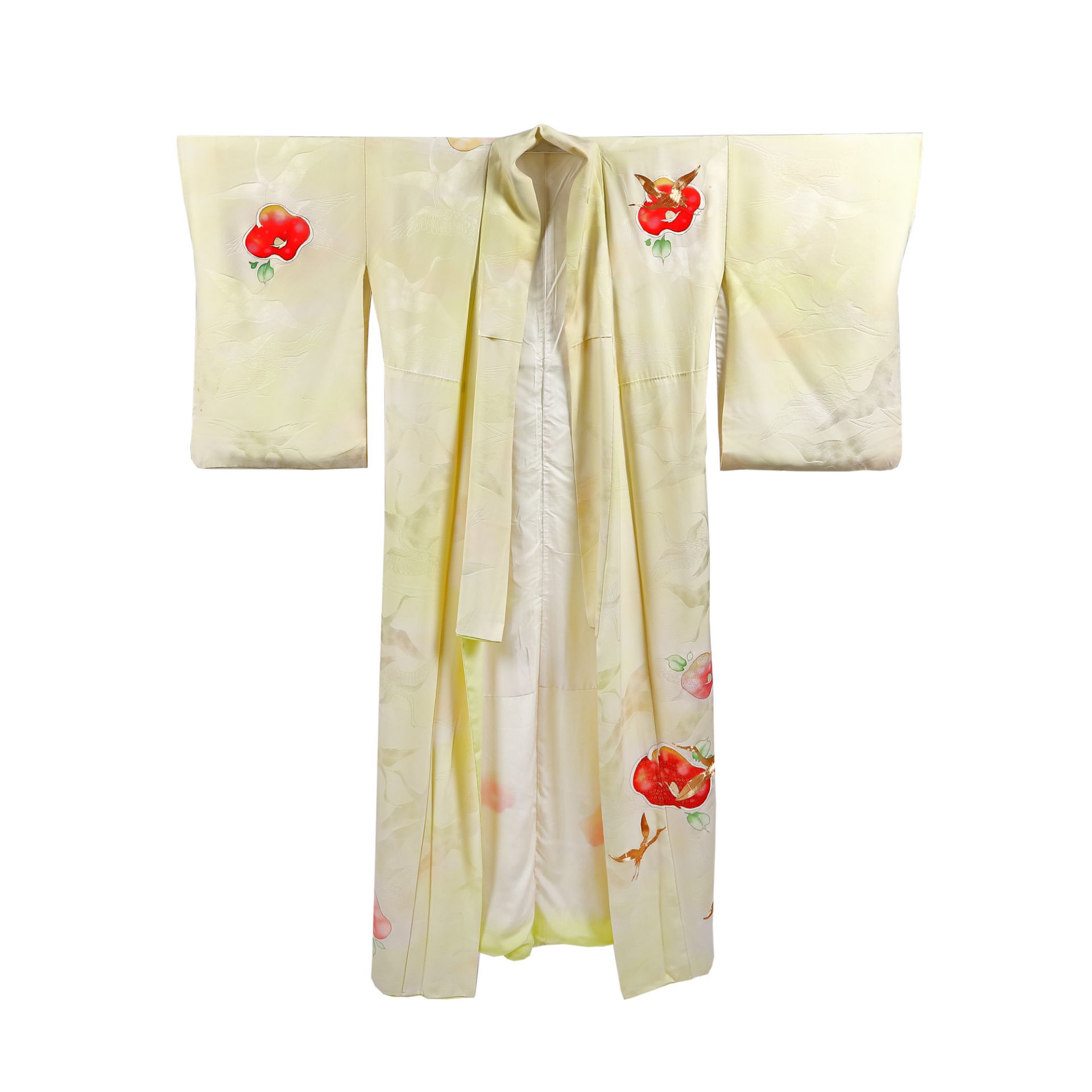 Furisode (ceremonial kimono) made of silk, embellished with painted camellias and golden thread embr