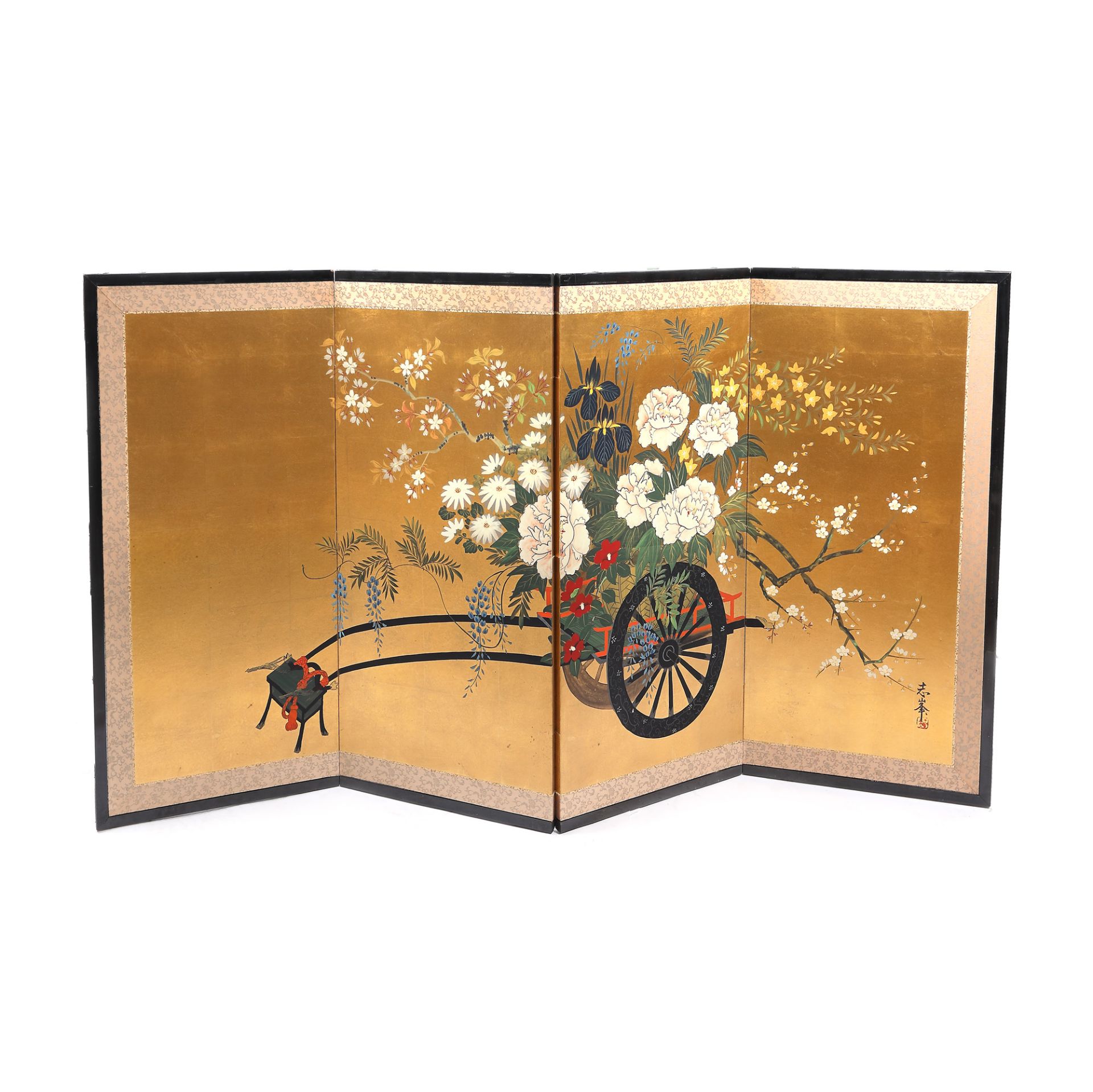 Screen decorated with chrysanthemums and cherry-tree flowers, signed, Japan, mid-20th century