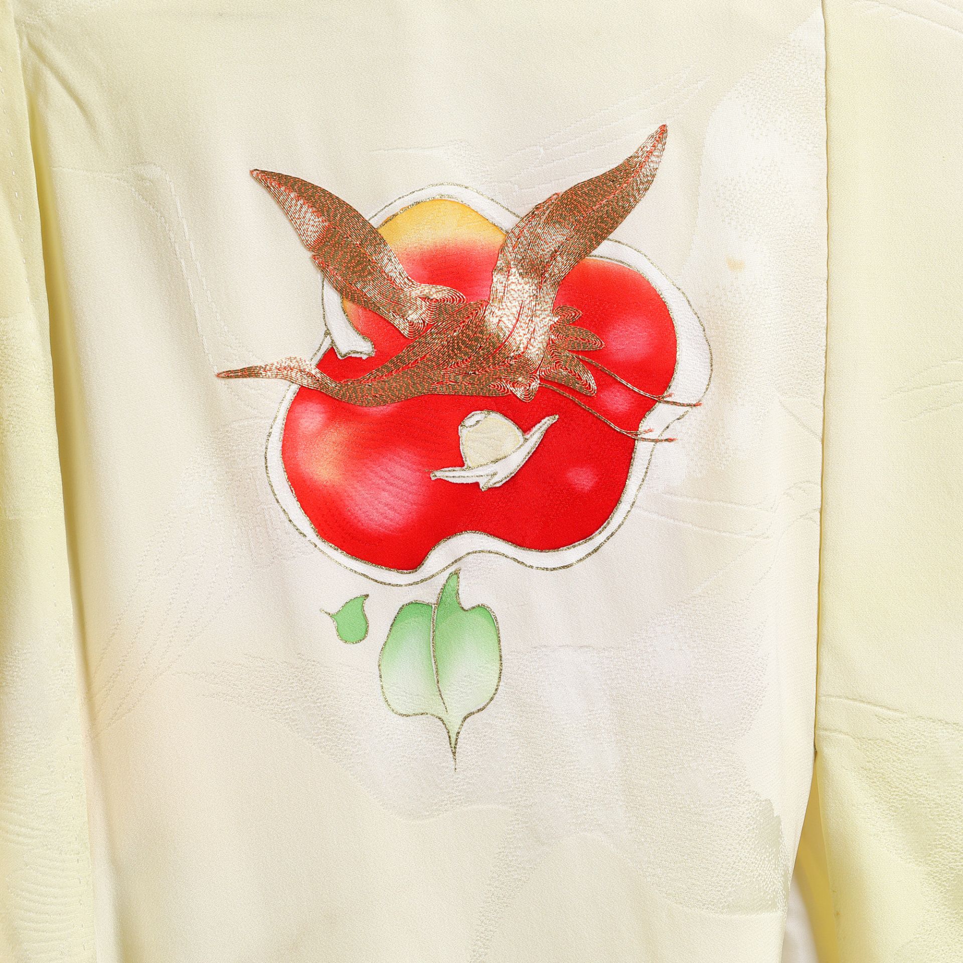 Furisode (ceremonial kimono) made of silk, embellished with painted camellias and golden thread embr - Image 2 of 3