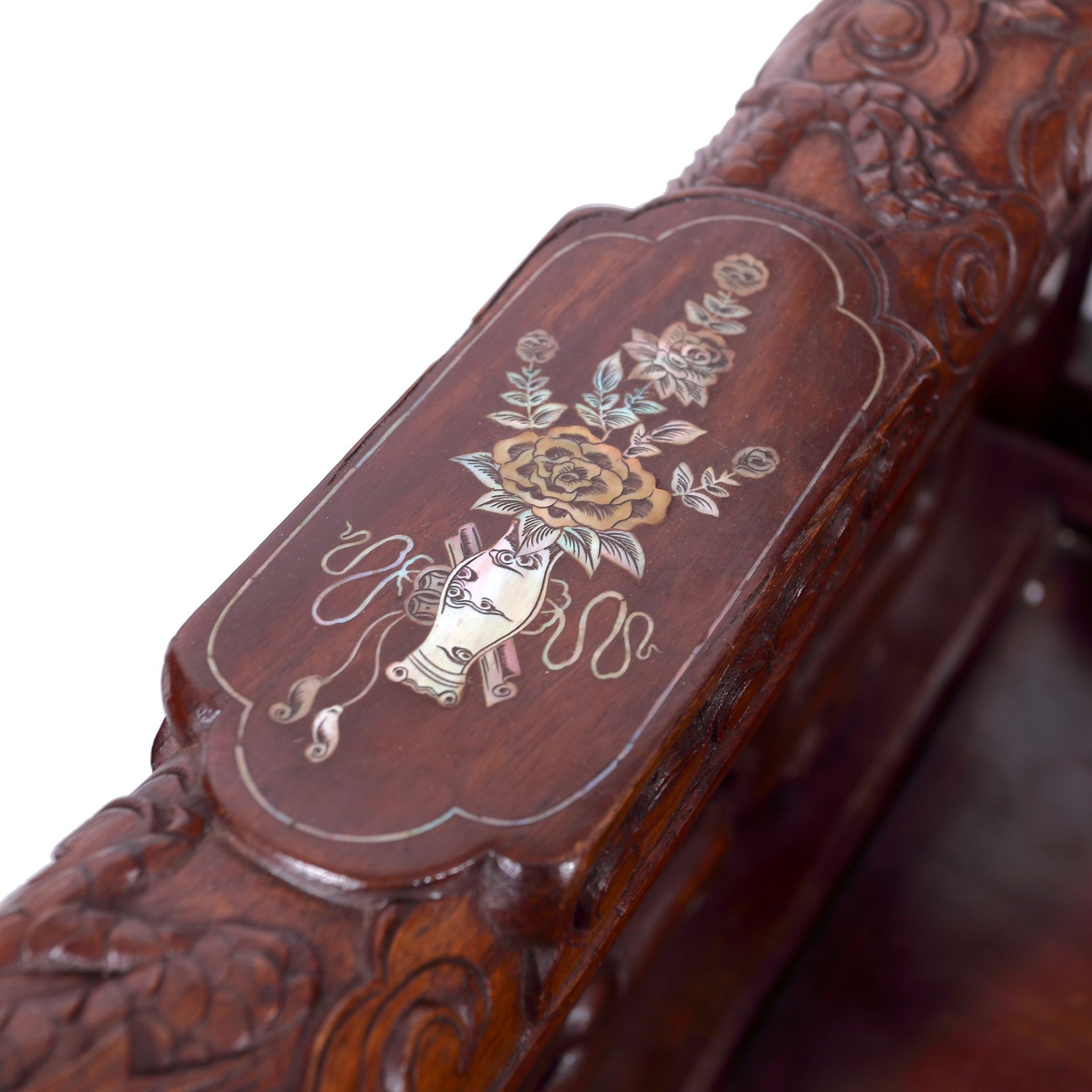 Bench and two armchairs, made of exotic wood with minute pearl inserts, the Republican period, China - Image 10 of 10