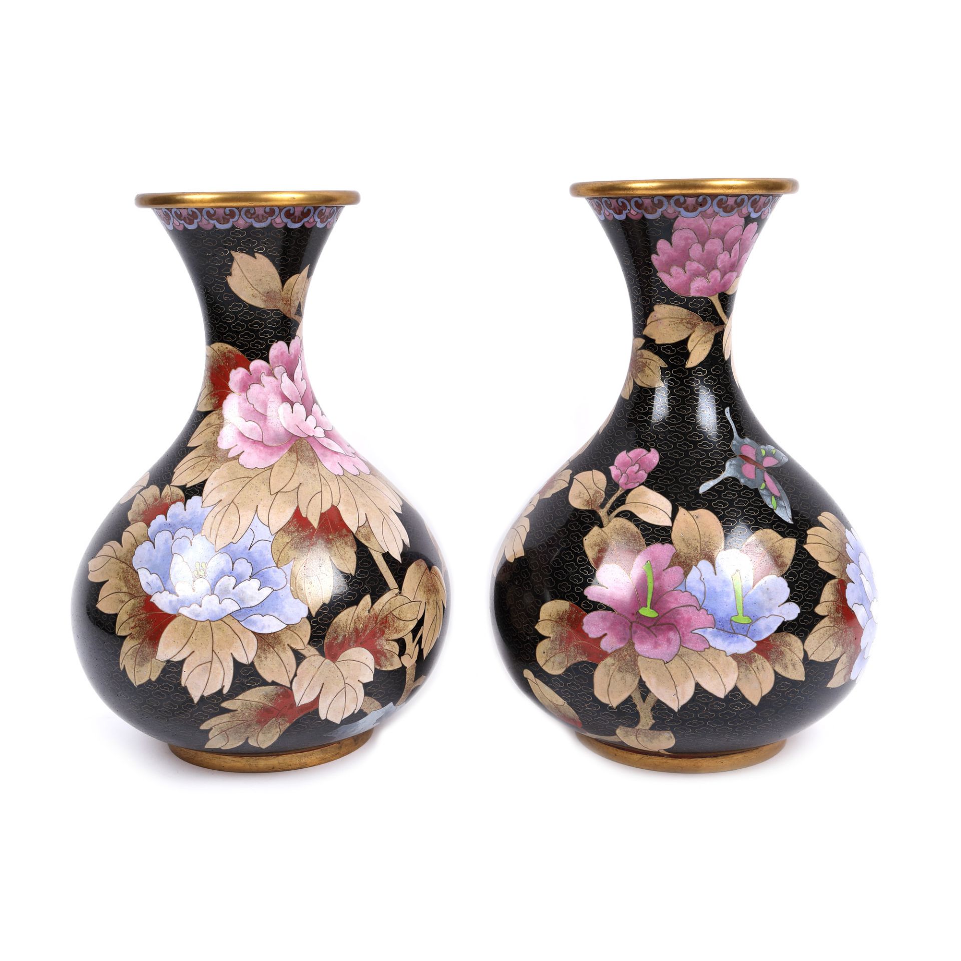 Pair of bronze vessels, decorated with chrysanthemums, using the cloisonné technique, Japan, mid-20t