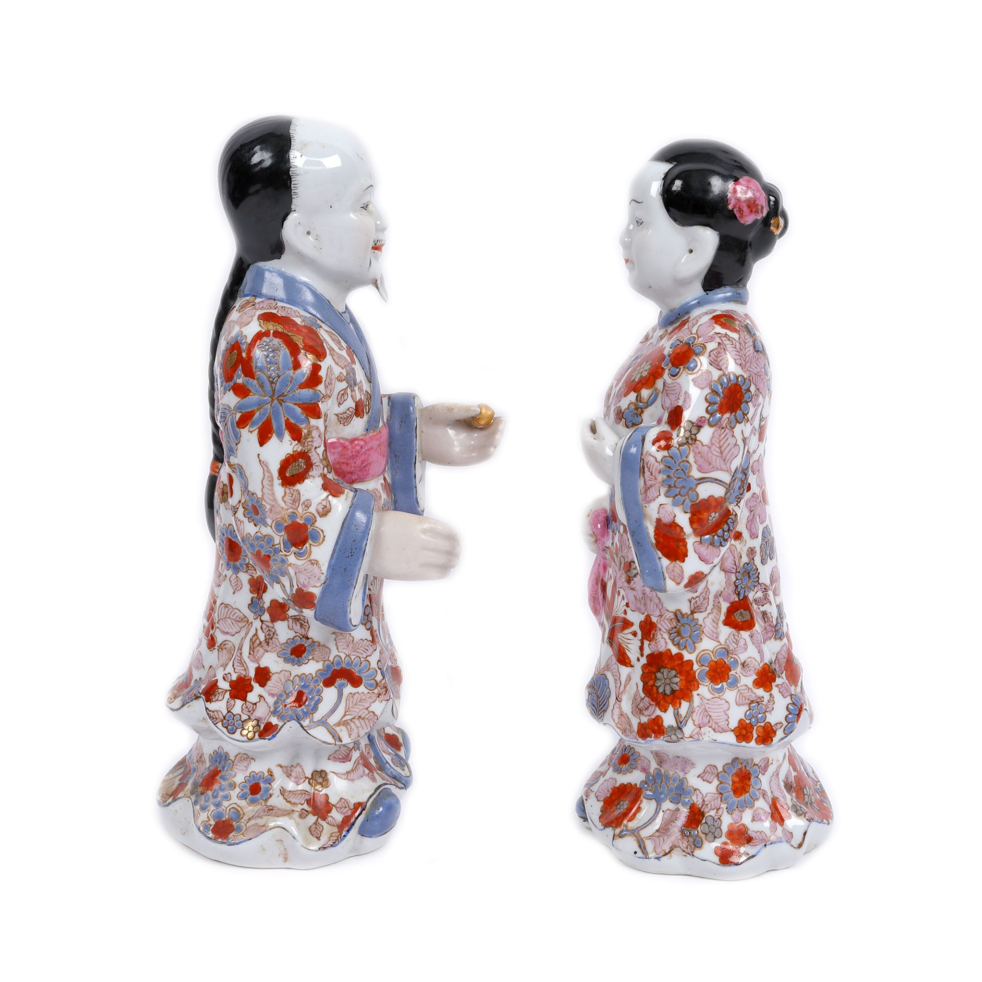 Pair of painted porcelain statues, Imari, representing a couple of noble people, Japan, first half o - Image 3 of 4