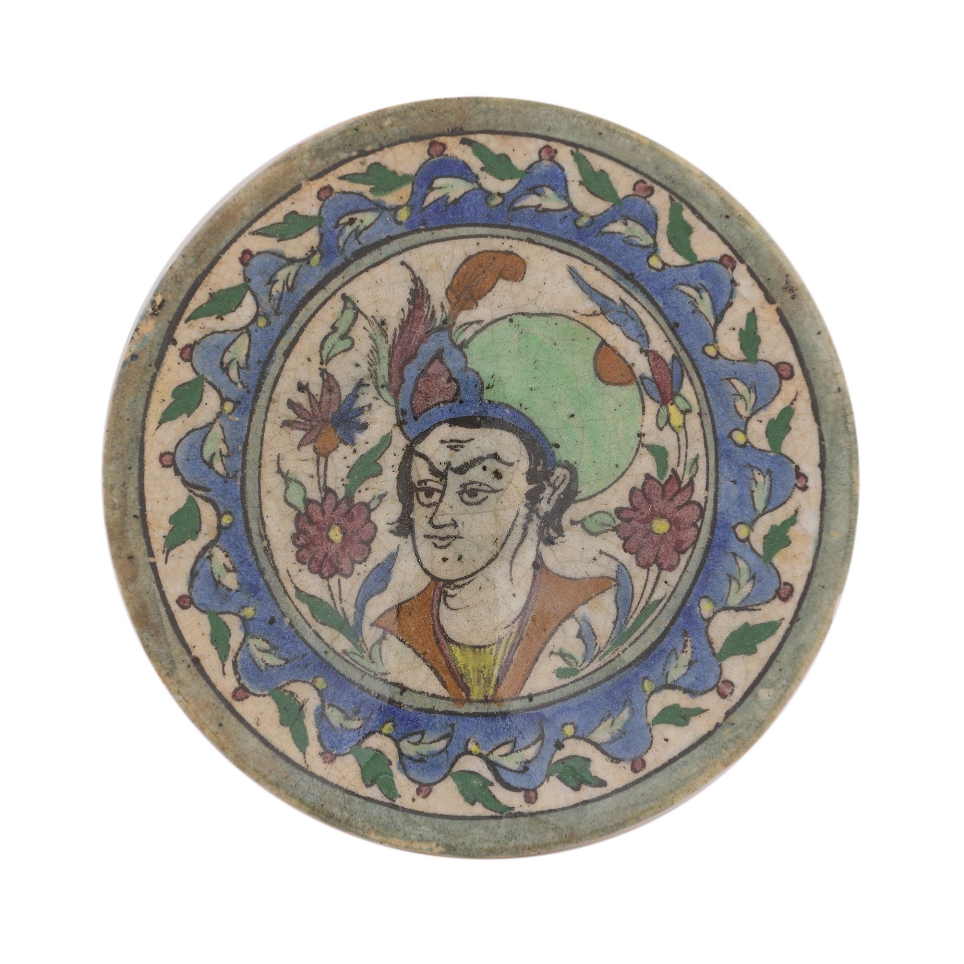 Plate embellished with vegetal motifs, illustrating a nobleman, Iran, start of the 19th century